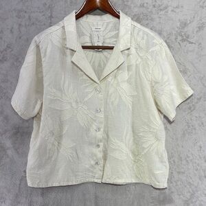 Joie Cream Floral Embroidered Short-Sleeve Button-Down Linen Blouse Size L